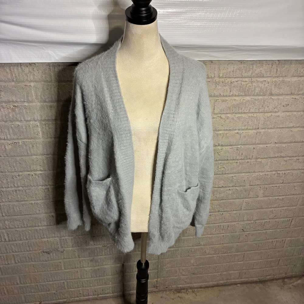 & Merci Gray Fuzzy Knit Cardigan Sweater Women's Size L Cozy Soft Lounge